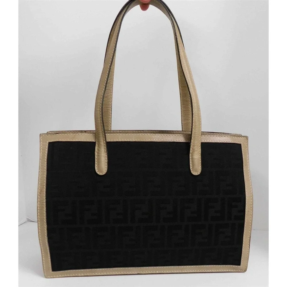 Fendi Vintage Black‎ Zucca FF Canvas Khaki Leather Shoulder Bag
